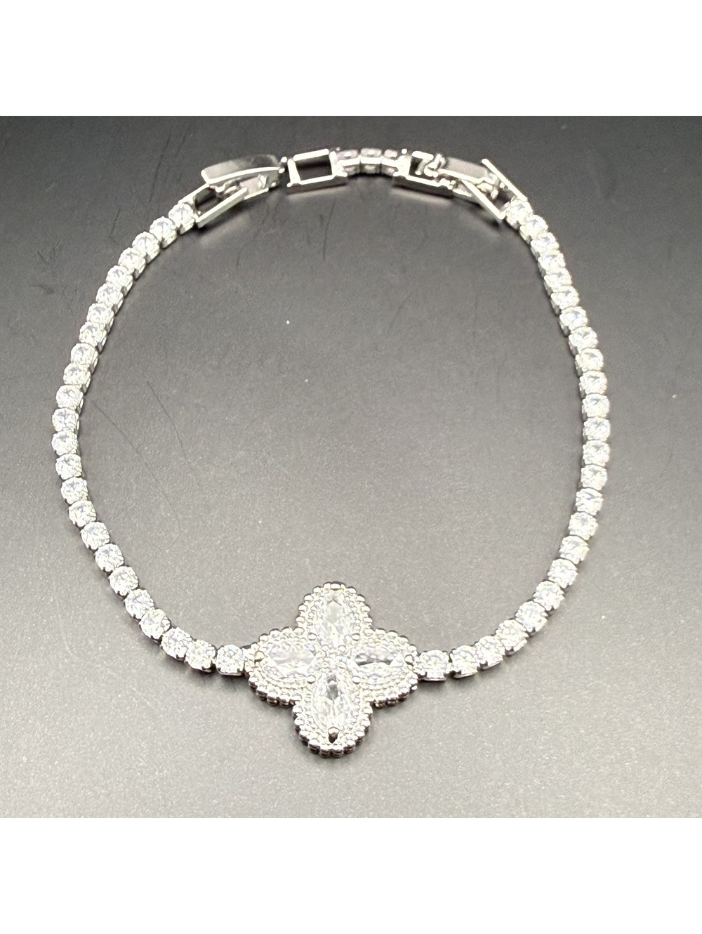 candy+clover clear crystal clover silver tone tennis bracelet